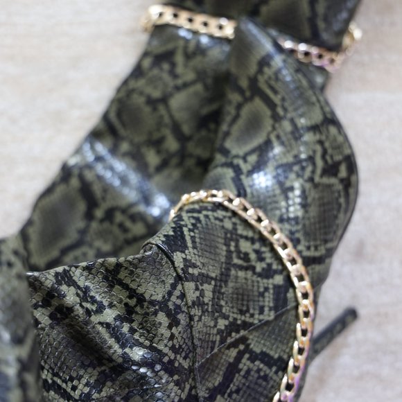 So Me Olive Snakeskin Chain Boot Heels - Picture 2 of 9